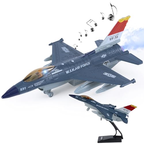 Crelloci Diecast Metal Alloy Fighter Jet Military Airplane Toy with Mist Spray Lights Sounds Pull Back Function Army Air Force Aircraft for Kids Toddlers Ages 3 Gift for Boys Girls Blue - Image 1