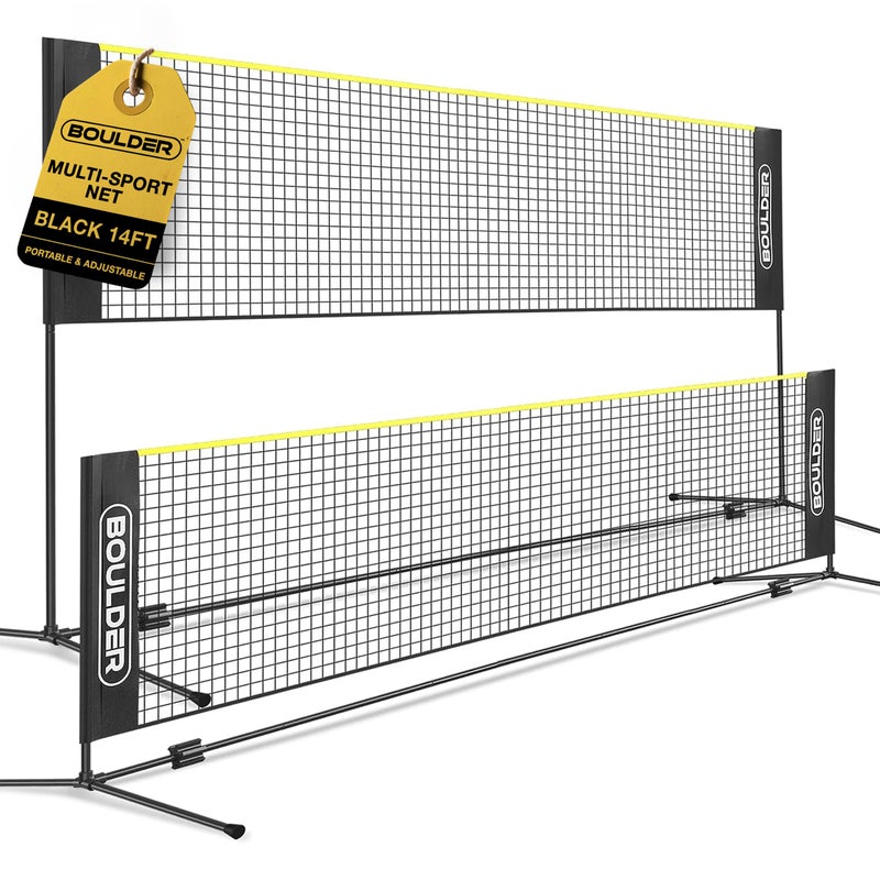 BOULDER Portable Badminton Pickleball Net Foldable Extendable Poles for Multiple Sports Heights UP to 5 ft Ideal for Tennis Pickleball Soccer Tennis Easy Setup Black 14 FT