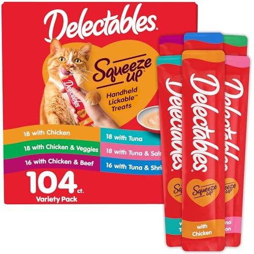 Hartz Delectables Squeeze Up Variety Pack, Creamy Squeezable Puree, Lickable Wet Cat Treats, Grain Free, No Added Fillers, No by-Products, No Added Preservatives, 0.5 Ounces Tube, 104 Tubes Total - Image 1