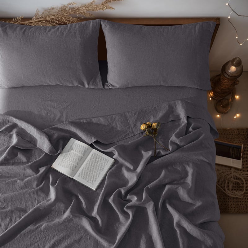 LBRO2M LBR02M 100% Linen Sheet Set King Size  Bed Sheets 4 Piece Sets  Solid Color Natural Flax Bed Sheets Soft Breathable Bedding  16"" Deep Pocket  All Season (King  Dark Grey)  - Image 1
