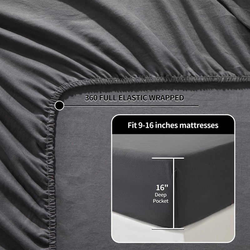 LBRO2M LBR02M 100% Linen Sheet Set King Size  Bed Sheets 4 Piece Sets  Solid Color Natural Flax Bed Sheets Soft Breathable Bedding  16"" Deep Pocket  All Season (King  Dark Grey)  - Image 4