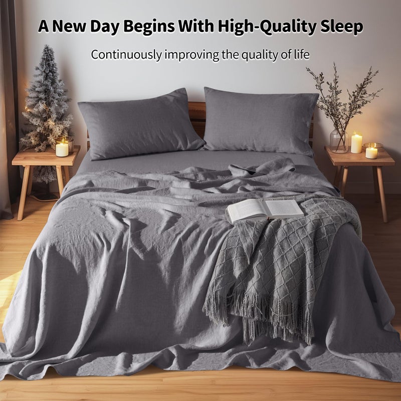 LBRO2M LBR02M 100% Linen Sheet Set King Size  Bed Sheets 4 Piece Sets  Solid Color Natural Flax Bed Sheets Soft Breathable Bedding  16"" Deep Pocket  All Season (King  Dark Grey)  - Image 2