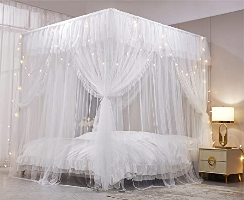 VETHIN 4 Corners Post Ruffle Princess Bed Canopy Curtain-Double Layer Cozy Drape Netting 4 Opening Mosquito Net for Girls Adults Bedroom Decoration (White/White, 78" W*86" L*82"*H/(King)) - Image 2