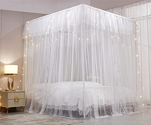VETHIN 4 Corners Post Ruffle Princess Bed Canopy Curtain-Double Layer Cozy Drape Netting 4 Opening Mosquito Net for Girls Adults Bedroom Decoration (White/White, 78" W*86" L*82"*H/(King)) - Image 3