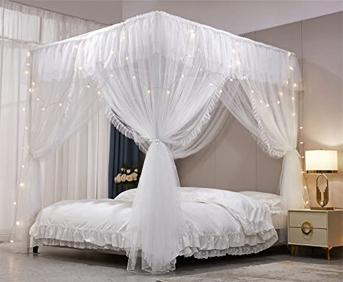 VETHIN 4 Corners Post Ruffle Princess Bed Canopy Curtain-Double Layer Cozy Drape Netting 4 Opening Mosquito Net for Girls Adults Bedroom Decoration (White/White, 78" W*86" L*82"*H/(King)) - Image 5