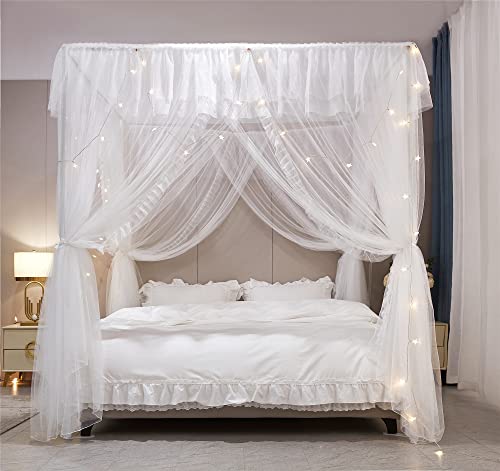 VETHIN 4 Corners Post Ruffle Princess Bed Canopy Curtain-Double Layer Cozy Drape Netting 4 Opening Mosquito Net for Girls Adults Bedroom Decoration (White/White, 78" W*86" L*82"*H/(King)) - Image 4