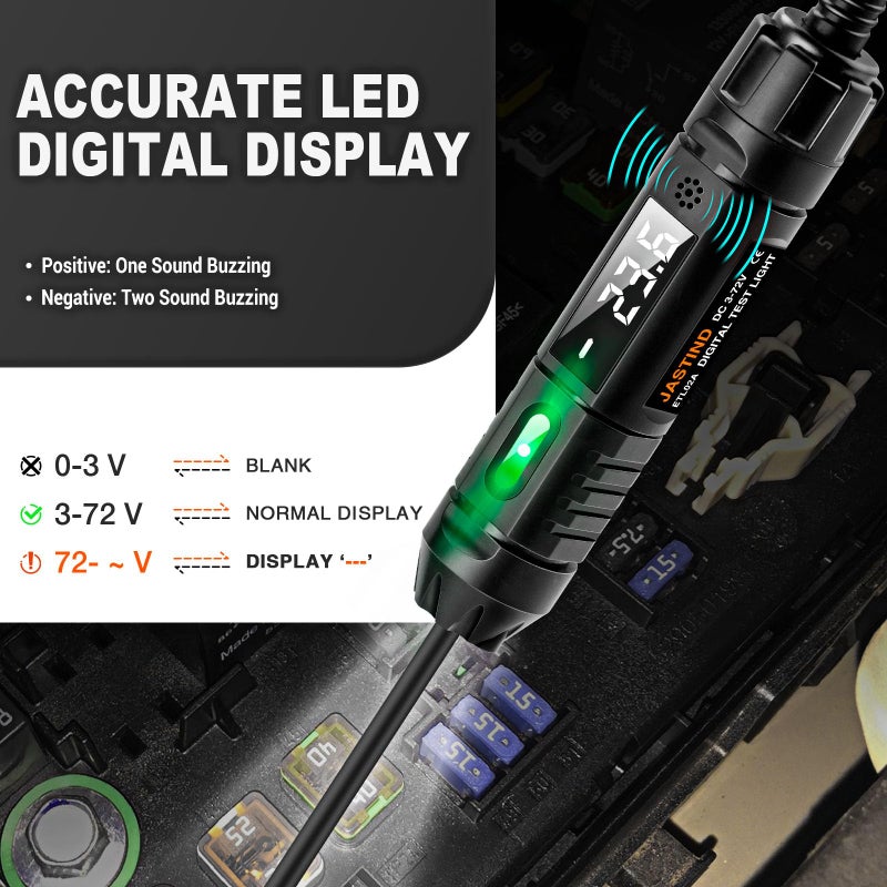 JASTIND Heavy Duty 3-72V Digital LED Automotive Test Light, Circuit Tester with Polarity Indicate and Illuminating Lights, Car Truck Low DC Voltage Light Tester with Stainless Probe & 142 Inch Extended Wire - Image 4