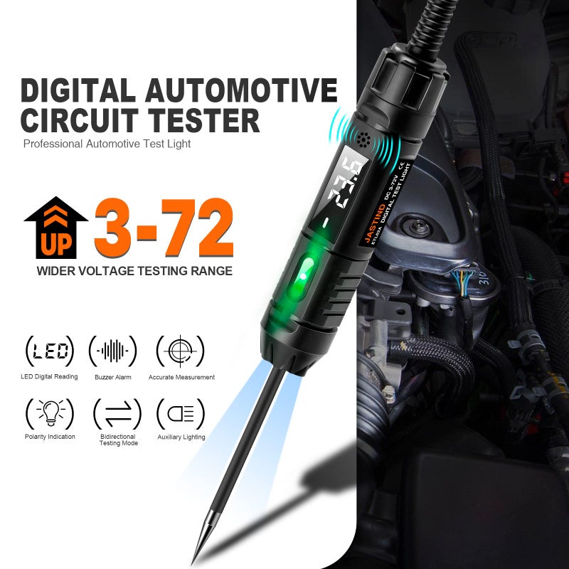 JASTIND Heavy Duty 3-72V Digital LED Automotive Test Light, Circuit Tester with Polarity Indicate and Illuminating Lights, Car Truck Low DC Voltage Light Tester with Stainless Probe & 142 Inch Extended Wire - Image 3
