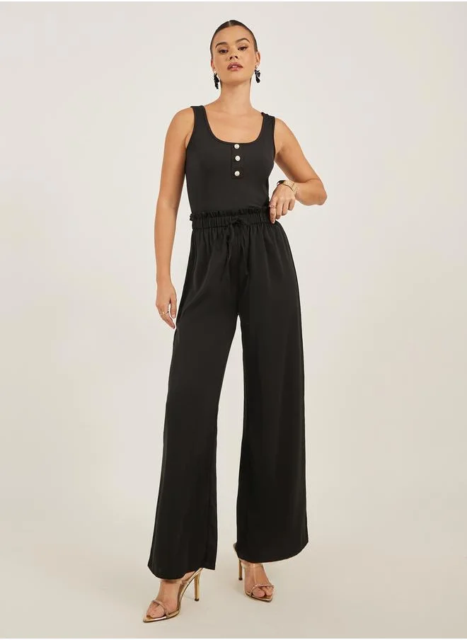 لوكس ويف Solid Straight Leg Culotte Pants with Elastic Waistband by Styli