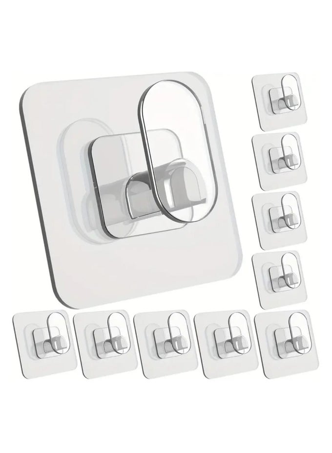 10 PCS ADHESIVE WALL HOOK PLASTIC, NO-DRILL HEAVY DUTY TRANSPARENT UTILITY HOOKS, WATERPROOF FOR KITCHEN AND BATHROOM, 9.07 KG LOAD CAPACITY
