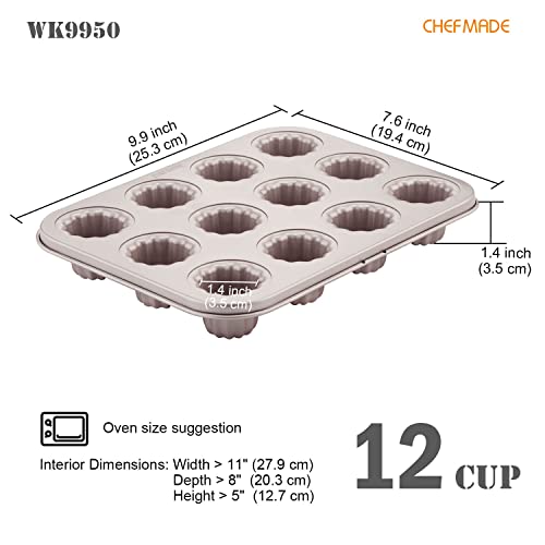 CHEFMADE Mini Canele Mold Cake Pan 12Cavity NonStick Mini Canele Muffin Bakeware Cupcake Pan for Oven Baking Champagne Gold - Image 3