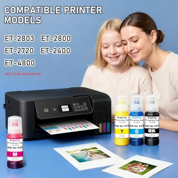 522 زجاجات حبر بديلة تناسب ET-2800 ET-2400 ET-4800 ET-2803 ET-2720 ET-2840 ET-4700 ET-4810 ET-37/28/27 50 طابعة، حبر T522 قائم على الصبغة - 4X100 مل BK/C/M/Y (ليس حبر نقل حراري) - Image 3