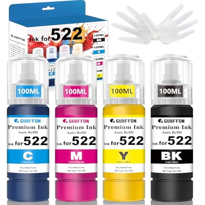 522 زجاجات حبر بديلة تناسب ET-2800 ET-2400 ET-4800 ET-2803 ET-2720 ET-2840 ET-4700 ET-4810 ET-37/28/27 50 طابعة، حبر T522 قائم على الصبغة - 4X100 مل BK/C/M/Y (ليس حبر نقل حراري) - Image 2