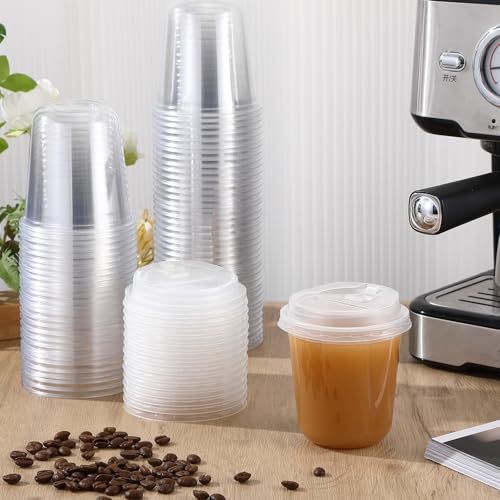 Baderke 100 Sets 12oz Disposable Crystal Clear Plastic Cups With Lids Round Bottom Iced Coffee Cups With Lid for Smoothie Cold Beverages Drinking Tumblers Cold Drinks for Party Wedding Event - Image 5