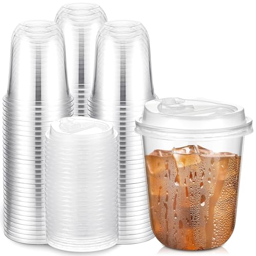 Baderke 100 Sets 12oz Disposable Crystal Clear Plastic Cups With Lids Round Bottom Iced Coffee Cups With Lid for Smoothie Cold Beverages Drinking Tumblers Cold Drinks for Party Wedding Event - Image 2