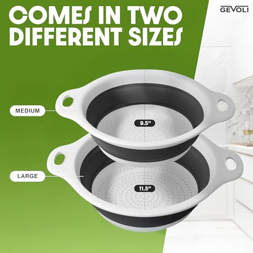 Gevoli Collapsible Colanders (2 Pack Set) Food Strainers with Over-Sink Water Draining Base for Pasta Fruits and Vegetables (4 and 5 Quart) - White Gray - Image 4
