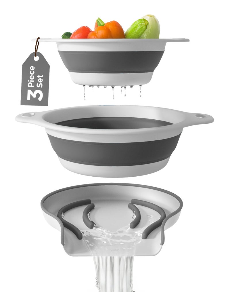 Gevoli Collapsible Colanders (2 Pack Set) Food Strainers with Over-Sink Water Draining Base for Pasta Fruits and Vegetables (4 and 5 Quart) - White Gray - Image 1