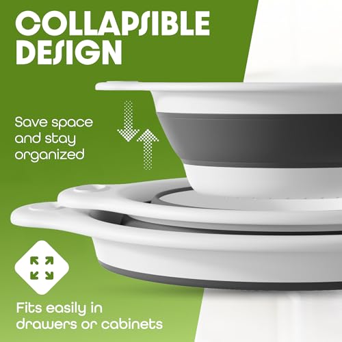 Gevoli Collapsible Colanders (2 Pack Set) Food Strainers with Over-Sink Water Draining Base for Pasta Fruits and Vegetables (4 and 5 Quart) - White Gray - Image 3