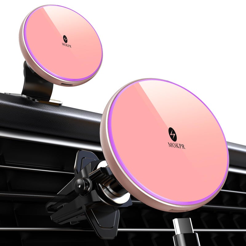 MOKPR for Magnetic Car Mount Charger-15W Wireless Car Charger-Magnetic Car Phone Holder for Dash Air Vent-LED RGB HandsFree Car Mount Fast Car Charger for iPhone 16 15/14/13/12 Pink - Image 1