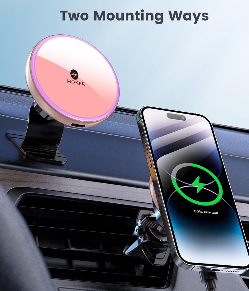 MOKPR for Magnetic Car Mount Charger-15W Wireless Car Charger-Magnetic Car Phone Holder for Dash Air Vent-LED RGB HandsFree Car Mount Fast Car Charger for iPhone 16 15/14/13/12 Pink - Image 2