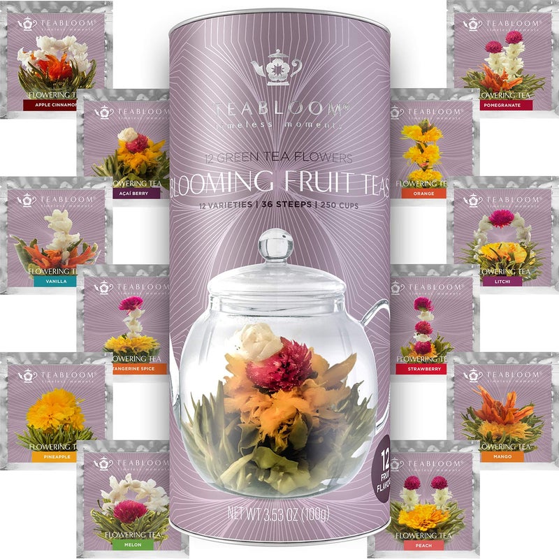 Teabloom Fruit Blooming Teas â€“ 12 Unique Flower Varieties of Tea in 12 Delicious Fruit Flavors â€“ Each Flowering Tea Ball Steeps Up to 3 Times - Image 1