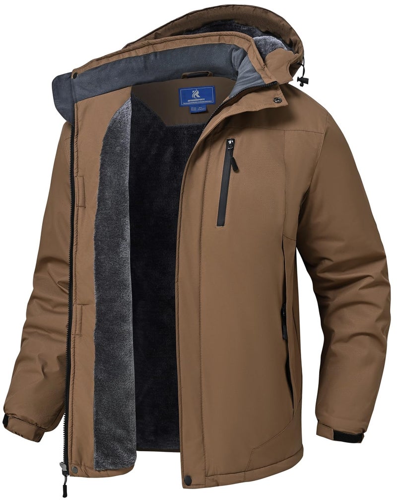 SPOSULEI Winter Coats for Mens Skiing Snow Waterproof Heavy Jackets with Hood Warm Fleece Lined Coats Young Brown 2XL - Image 1