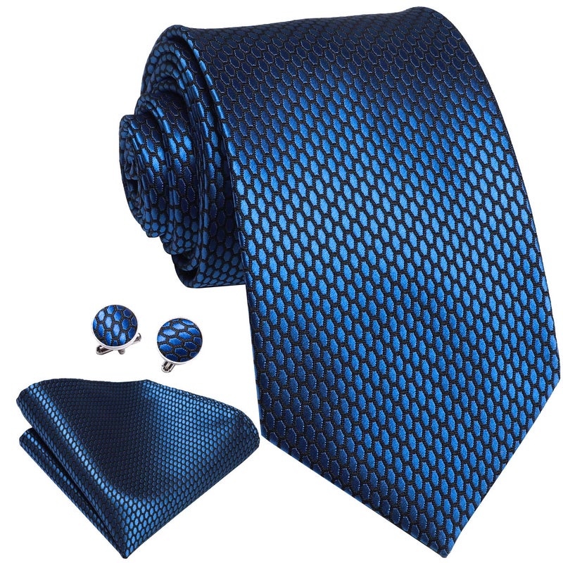 Dubulle Mens Paisley Striped Tie Silk Mens Necktie and PocketSquare Cufflinks Set Wedding Fomral Party,Blue - Image 4