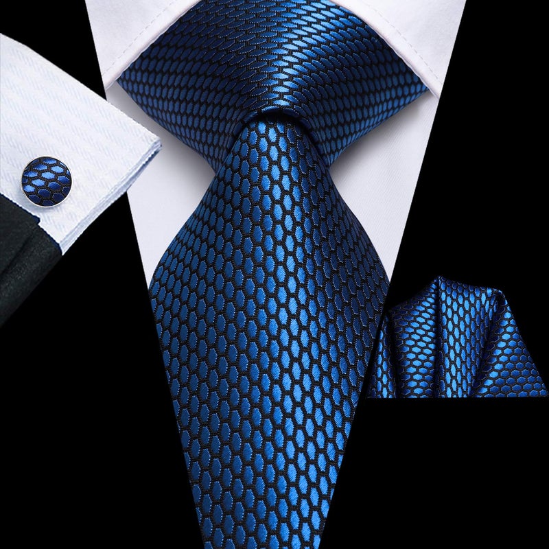 Dubulle Mens Paisley Striped Tie Silk Mens Necktie and PocketSquare Cufflinks Set Wedding Fomral Party,Blue - Image 2