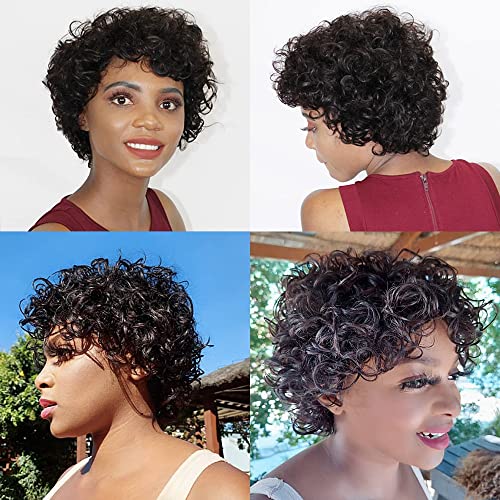 HUA Short Curly Wigs for Black Women Human Hair Pixie Cut Bouncy Curly Human Hair Wigs for Black Women Glueless Natural Black Color Short Curly Wigs - Image 5