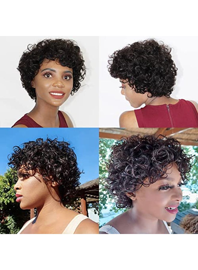 HUA Short Curly Wigs for Black Women Human Hair Pixie Cut Bouncy Curly Human Hair Wigs for Black Women Glueless Natural Black Color Short Curly Wigs - Image 4