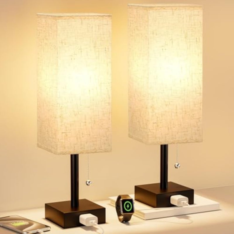 Bedside Table Lamps for Bedroom Set of 2 - Small Rectangular Nightstand Lamp with AC Outlet Charging Port, 3 Color Temperatures Desk Light with Bulb, Tabletop Reading Lamp for Living Room/Dorm/Office - Image 2