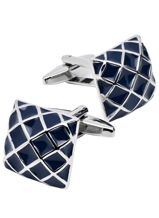 Jonwo Check Pattern Square Cufflinks For Men Dress In Gift Case Silver Tone Dark Blue Classic Men'S Cufflinks Set For Wedding Party Birthday Anniversary Dress  - Image 1