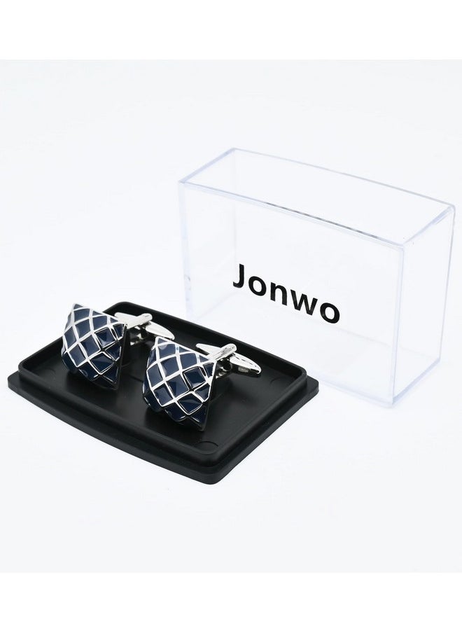 Jonwo Check Pattern Square Cufflinks For Men Dress In Gift Case Silver Tone Dark Blue Classic Men'S Cufflinks Set For Wedding Party Birthday Anniversary Dress  - Image 5