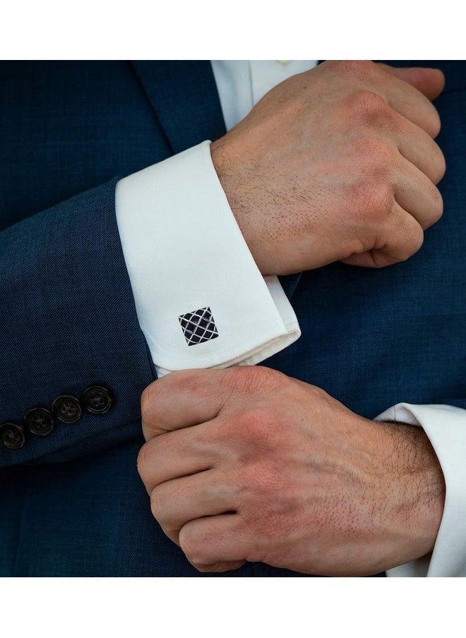 Jonwo Check Pattern Square Cufflinks For Men Dress In Gift Case Silver Tone Dark Blue Classic Men'S Cufflinks Set For Wedding Party Birthday Anniversary Dress  - Image 2