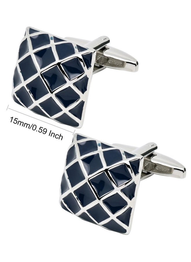 Jonwo Check Pattern Square Cufflinks For Men Dress In Gift Case Silver Tone Dark Blue Classic Men'S Cufflinks Set For Wedding Party Birthday Anniversary Dress  - Image 3