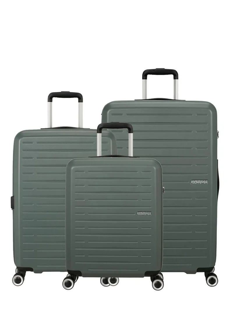 AMERICAN TOURISTER Aerojoy Suitcase, 3Pc Set (55 + 66 + 80 cm), 4 Wheels, Hard Top, ABS, Dark Forest|TSA Lock|Inner Mesh Zippered Divider|Cross Ribbons|Lightweight - 3 Years International Warranty