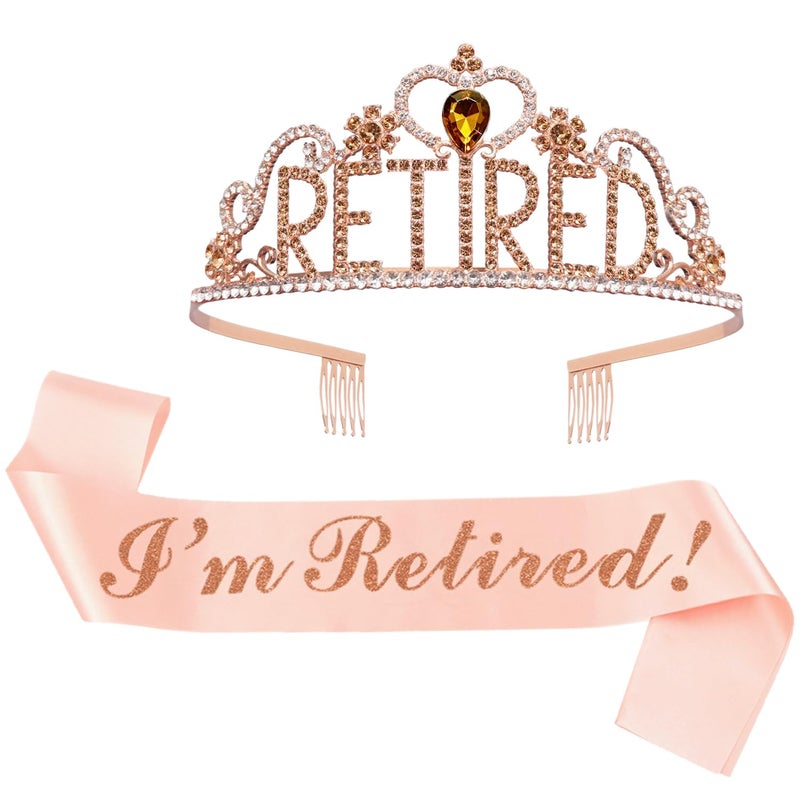 JETKONG Retirement Party Decorations Retired TiaraCrown Retired Sash for Women Retirement Gifts Retirement Party Supplies Gifts Favors Rose Gold