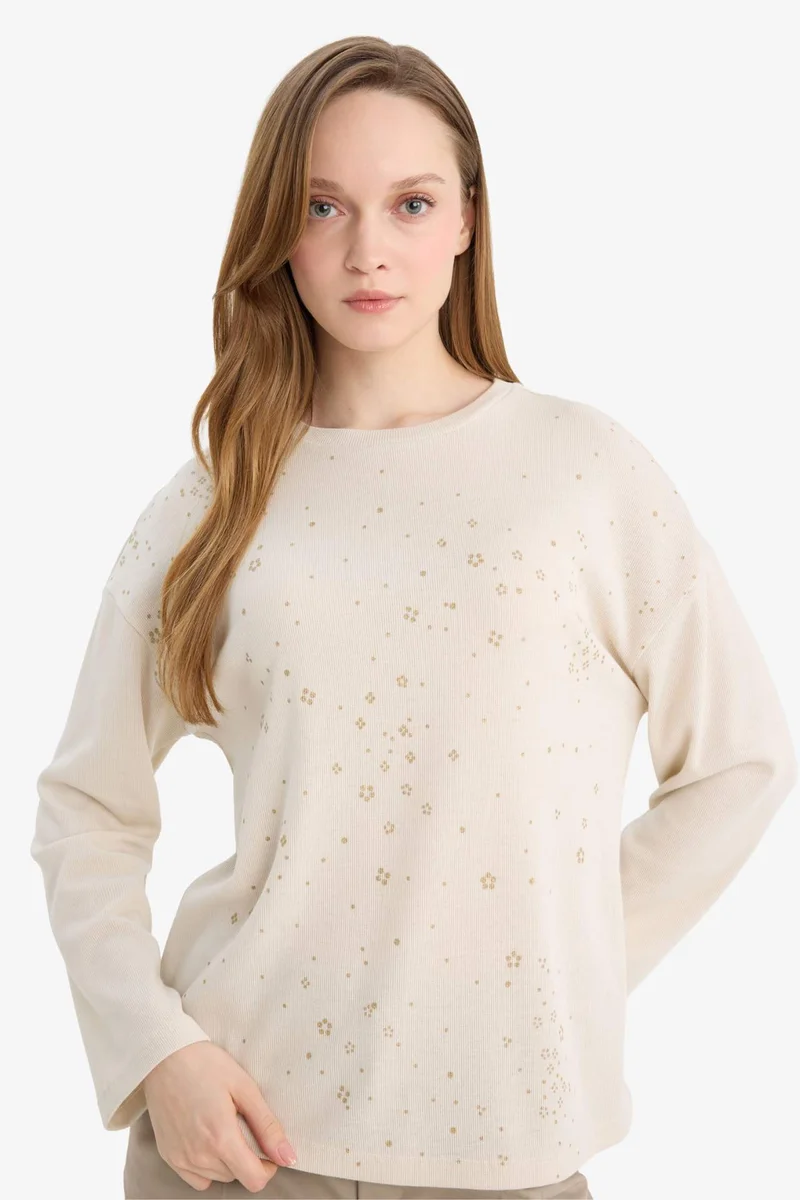 ديفاكتو Relax Fit Crepe Neck Long Sleeve T-Shirt