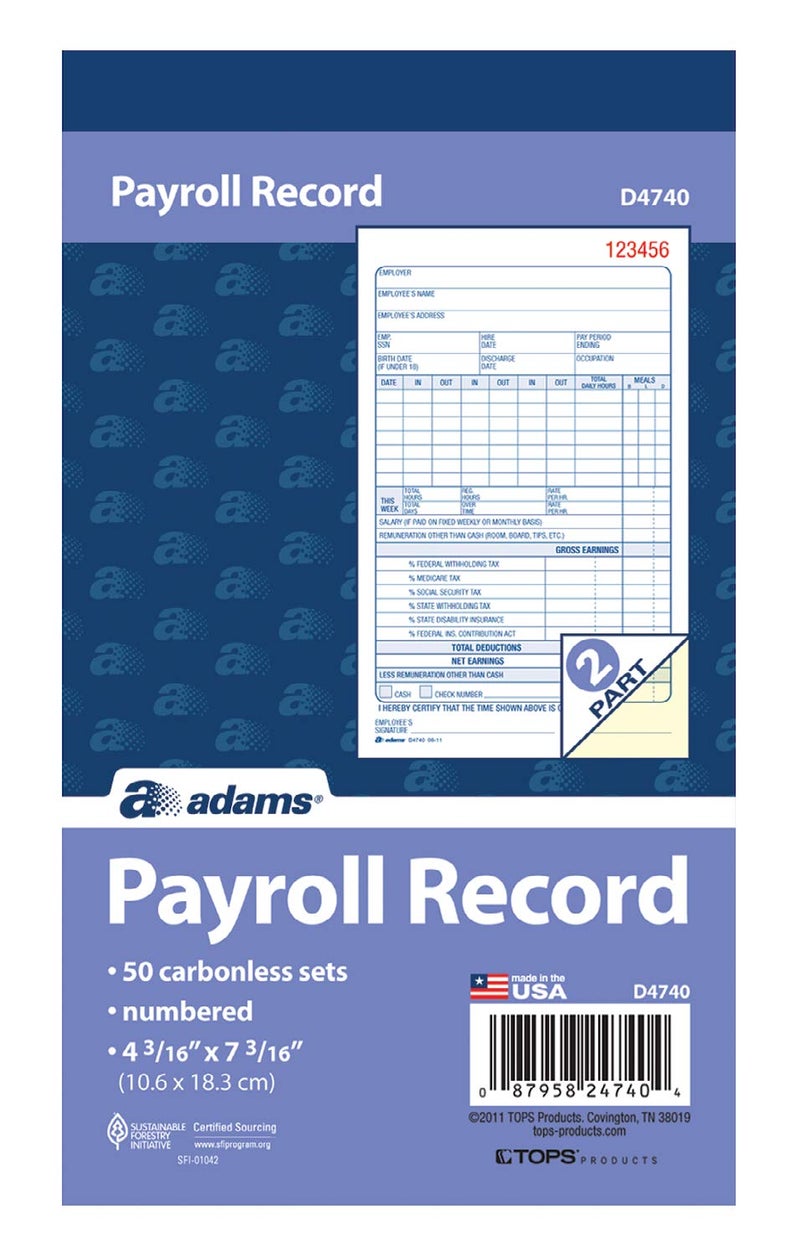 Adams Employee Payroll Record Book, 2 Part, Carbonless, 4.19 x 7.19, 50 Sets per Book, White and Canary (D4740) - Image 2