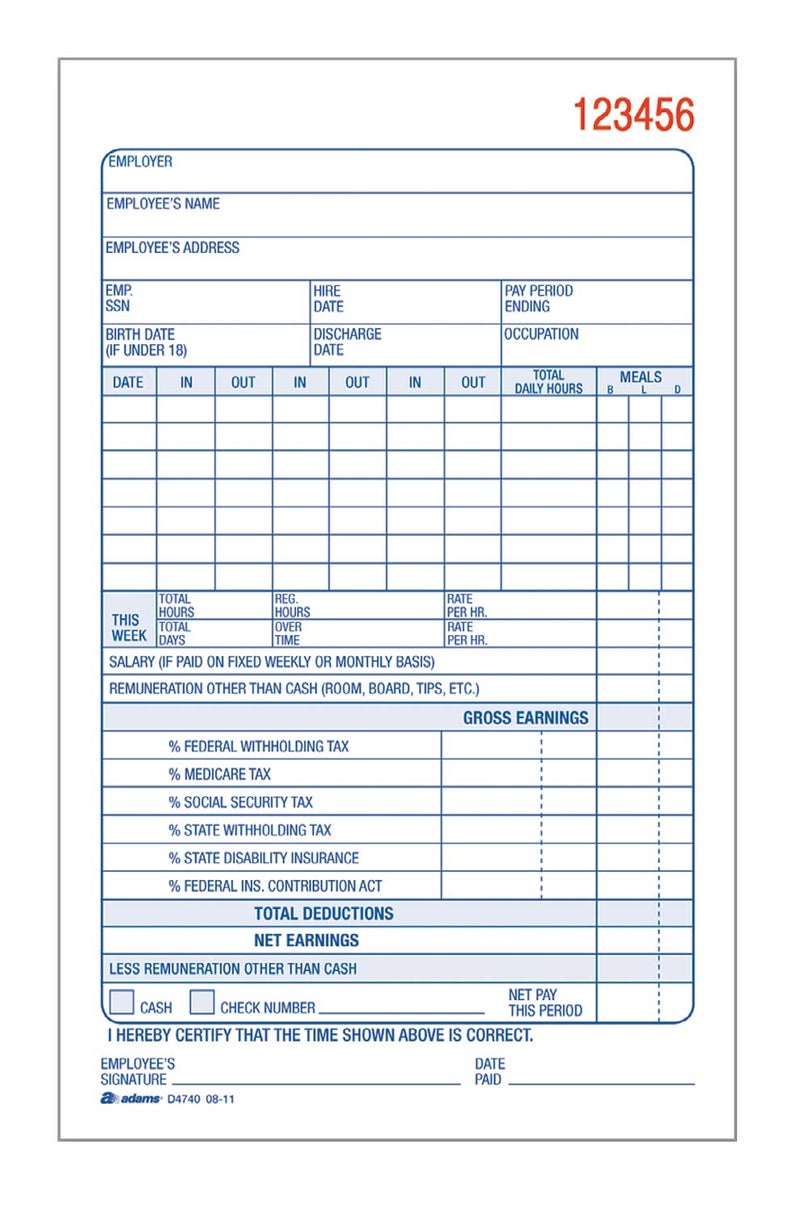 Adams Employee Payroll Record Book, 2 Part, Carbonless, 4.19 x 7.19, 50 Sets per Book, White and Canary (D4740) - Image 1