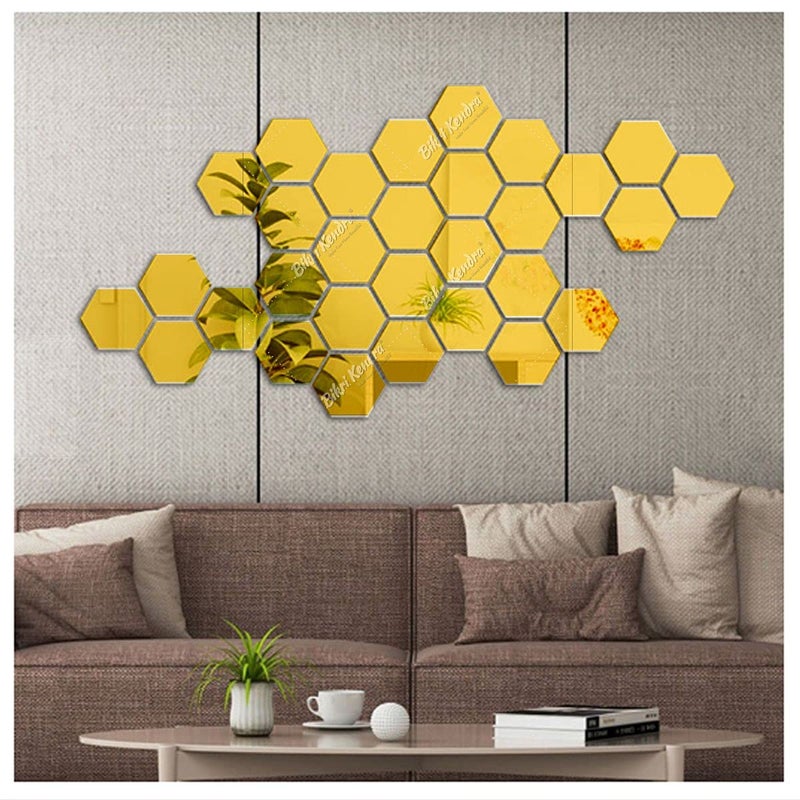 Bikri Kendra Ind - Hexagon 30 (Gold) Mirror Stickers for Wall, Acrylic Decor, Hexagonal Sticker, Hall Room, Bed Room - Image 5