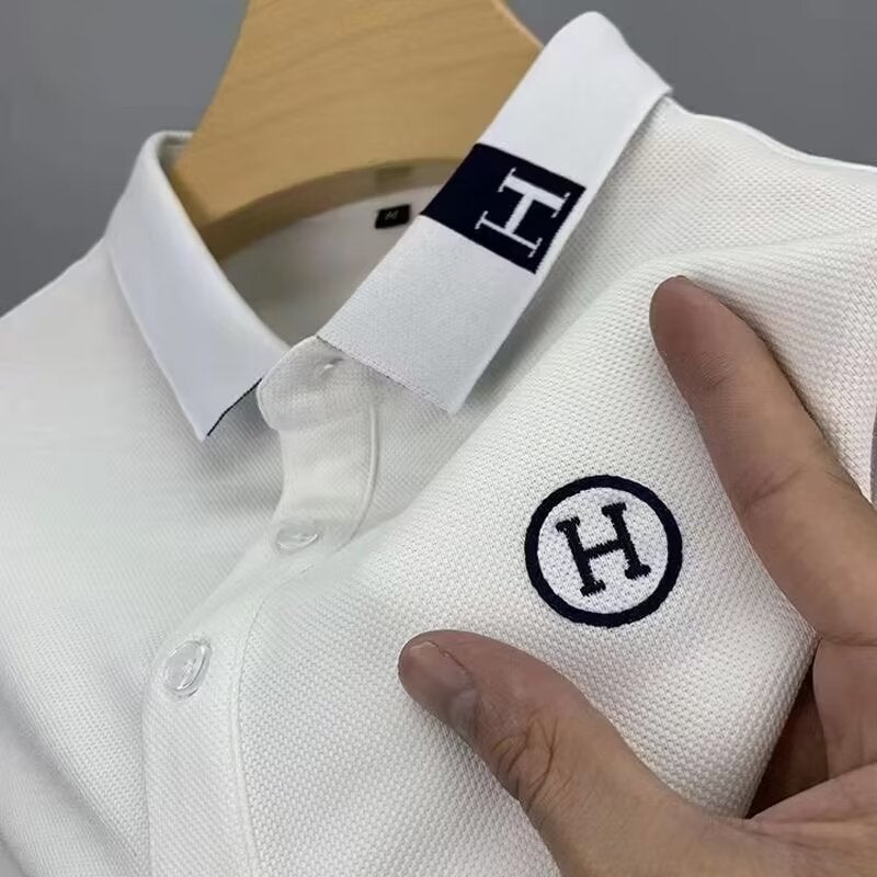 Ice Silk Short Sleeve Polo Shirt Embroidered Thin Summer Mens T-Shirt Breathable Cool Casual Fashion Upper Body Top White  - Image 1