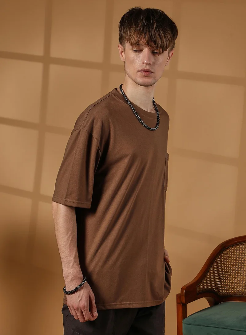 كامبوس سوترا Men's Chocolate Brown Solid Oversized T-Shirt