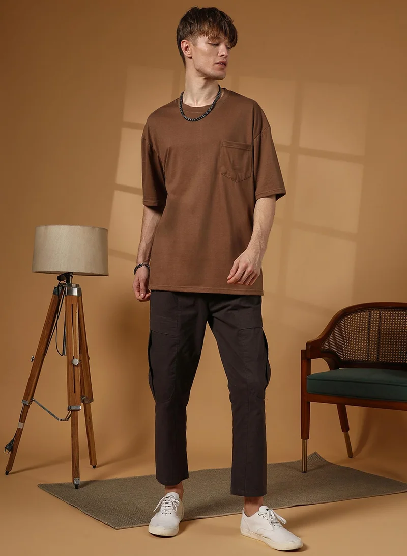 كامبوس سوترا Men's Chocolate Brown Solid Oversized T-Shirt