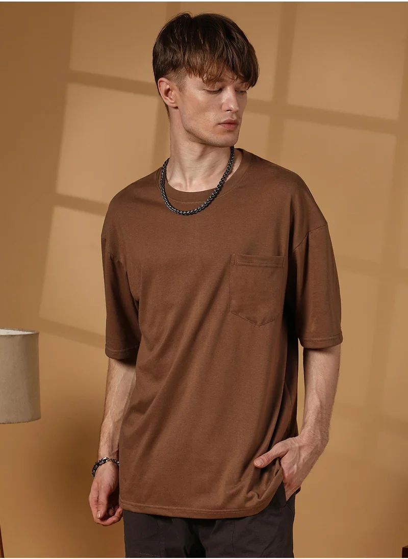 Campus Sutra Men's Chocolate Brown Solid Oversized T-Shirt