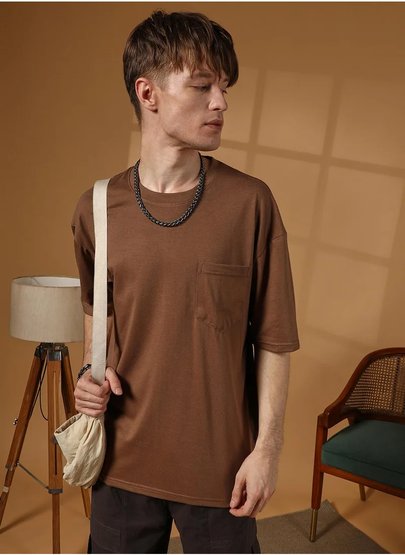 Campus Sutra Men's Chocolate Brown Solid Oversized T-Shirt