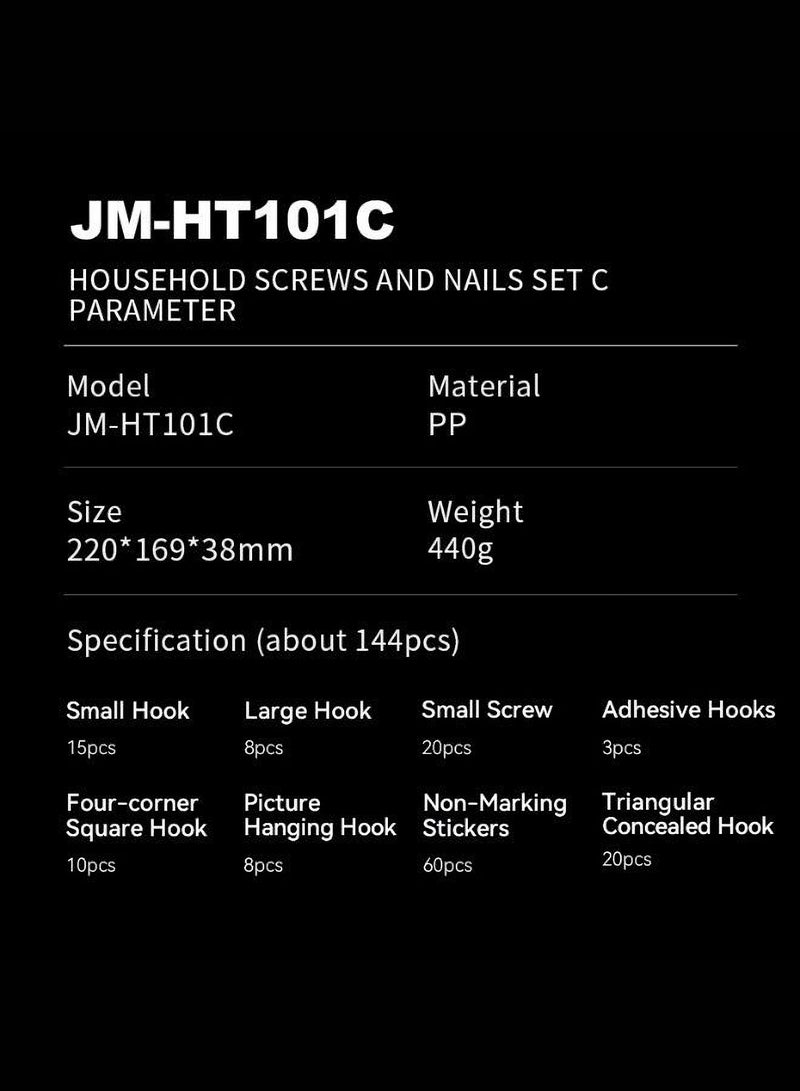 JIMIHOME 144-Piece Screws and Hooks Set with Organizer Box - Plastic Organizer for Home Projects and Repairs - Hide Hooks and Screws - Gray  - Image 4