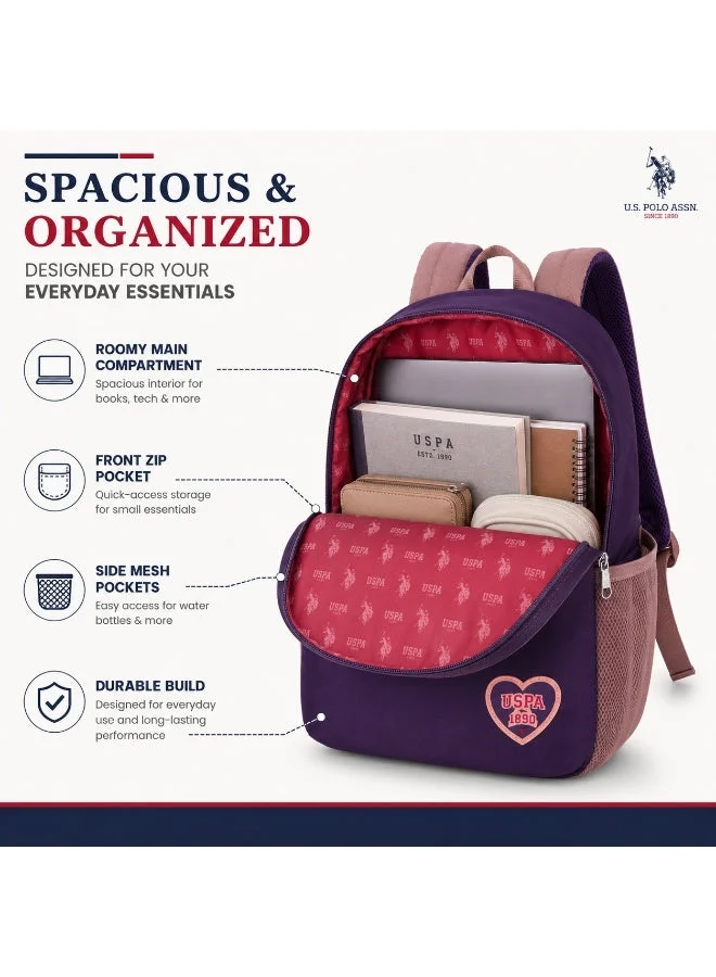 U.S. Polo Assn. U.S. Polo Assn. Classic Royal Purple Heart Patch Backpack for School and Office MultiCompartment Bag for Campus