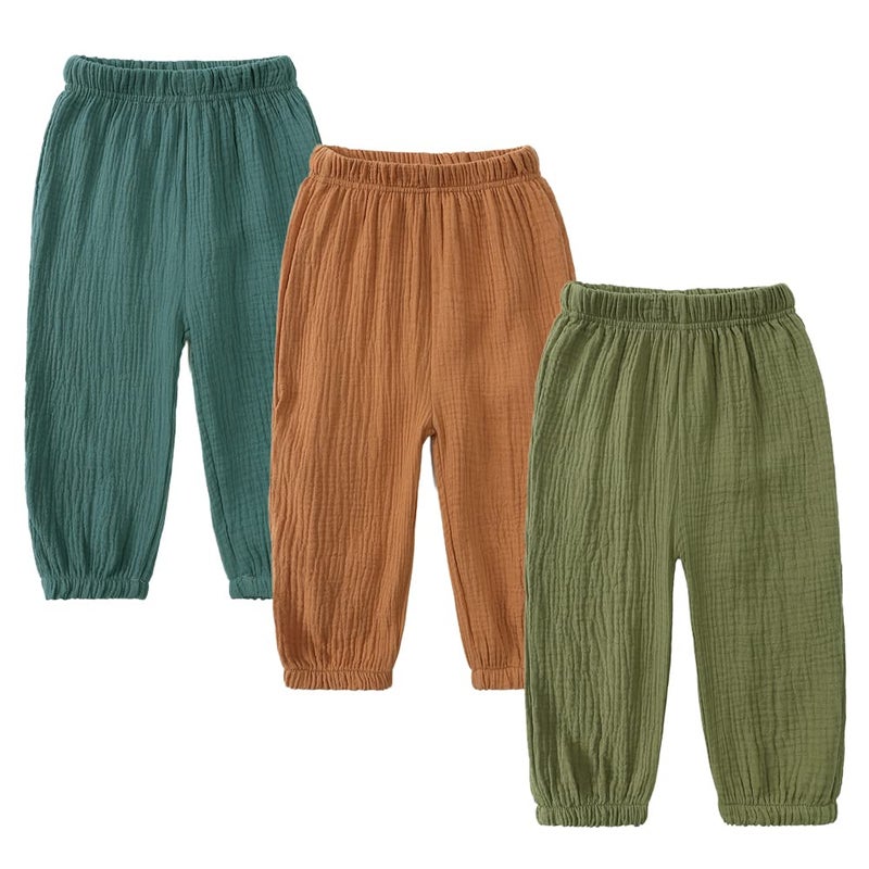 MYGBCPJS Baby Boys Girls 3 Pack Cotton Linen Long Bloomers Ankle Length Trousers Kids Lightweight Elastic Waist Harem Pants