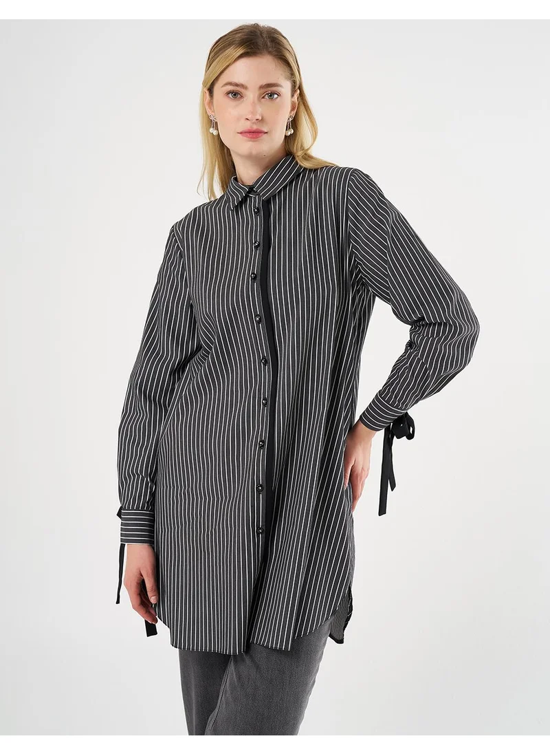 Kayra Drawstring Striped Pattern Tunic Black